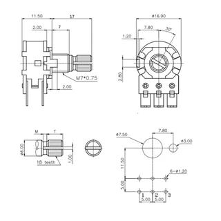 ตัวต้านทานปรับค่าได้ 6ขา B50K/B100K โพเทนซิโอมิเตอร์ 50/100 Kohm โวลลุ่ม VR Potentiometer