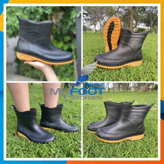 มาใหม่ ไม่ค้างสต๊อก A555 รองเท้าบูท รองเท้าบูทกันน้ำ บูทสั้น บูททำไร่ทำสวน บูทสีดำพื้นสี สูง 7 นิ้ว