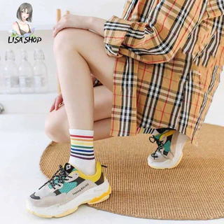ถุงเท้าแฟชั่น ข้อกลาง คาดแถบสีรุ้ง ถุงเท้าวินเทจสายรุ้ง 🌈 Rainbow socks พร้อมส่ง S24
