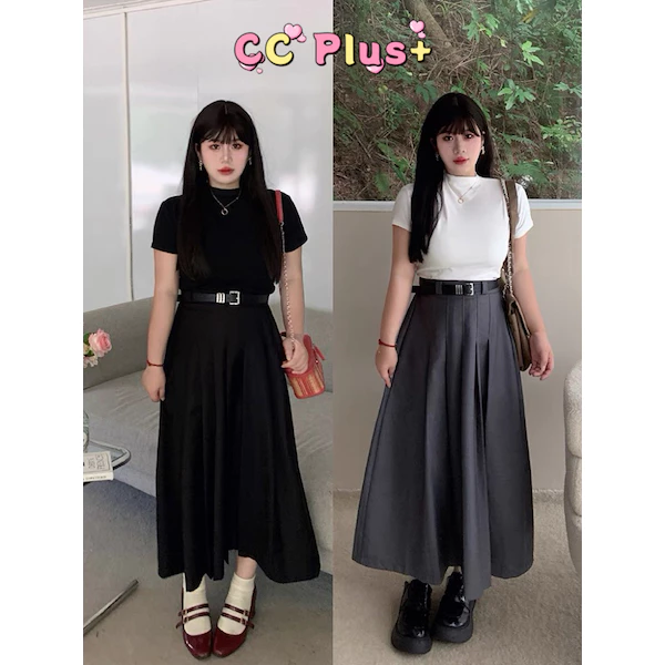 CiCi Plus+(818) กระโปรงพลีสยาว ทรงเอ เอวสูง สม๊อกหลัง สไตล์Tooling สำหรับสาวพลัสไซส์
