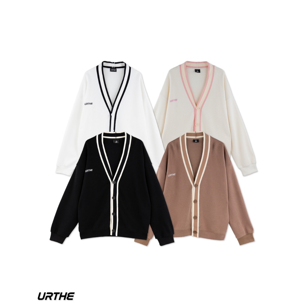 URTHE - เสื้อคาร์ดิแกน แขนยาว OVERSIZE รุ่น V-NECK CARDIGAN