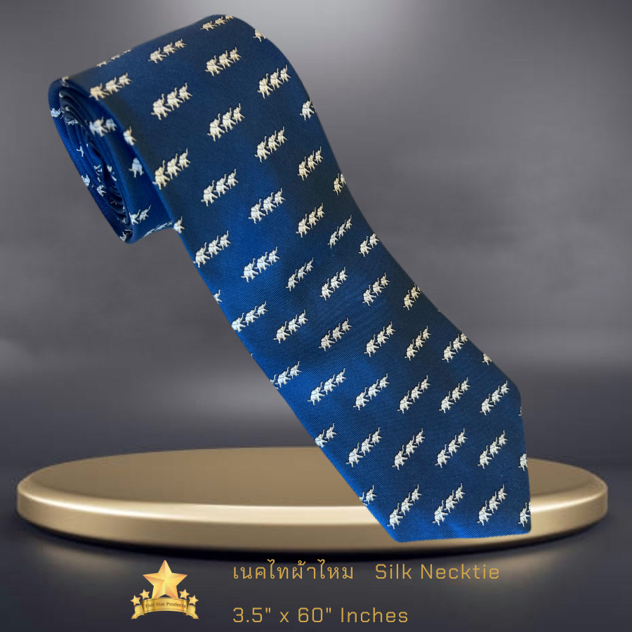 เนคไทผ้าไหม  Silk necktie printed ช้างสามตัวฟ้า - จิม ทอมป์สัน Jim Thompson