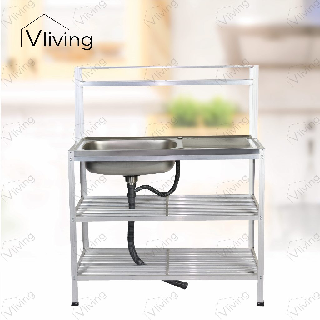 Vliving ซิ้งค์ล้างจาน อ่างล้างจาน สแตนเลส 3 ชั้น มีบน 100cm สะดือตะกร้าใหญ่