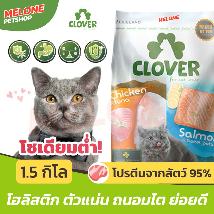 Clover อาหารแมว โคลเวอร์ แมวโต Holistic Grain Free เกรนฟรี 2 รสชาติ ใน 1 ถุง ตัวแน่น บำรุงขน ถนอมไต 1.5 kg
