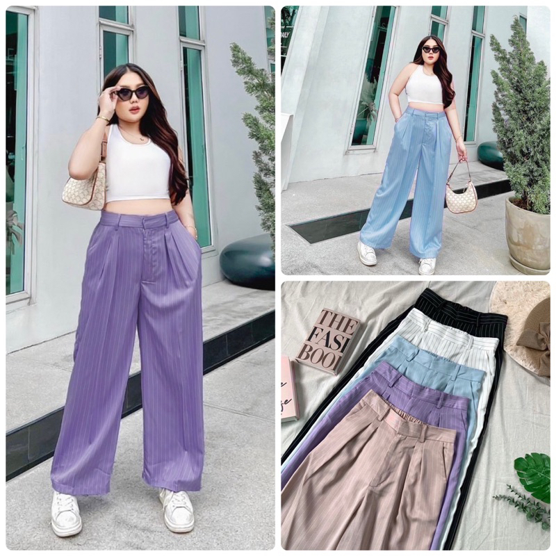 (LC) กางเกงขายาว เอวสูง ผ้าลายริ้ว เก็บทรงสวย ใส่แล้วดูผอมเพรียว เสื้อผ้าสาวอวบอ้วน พลัสไซส์ ไซส์ใหญ่