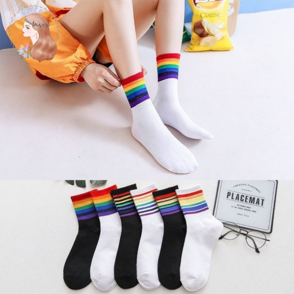 ถุงเท้า Rainbow socks ข้อกลางแนววินเทจ คาดแถบสีรุ้ง ถุงเท้าแฟชั่นลายสายรุ้ง พร้อมส่ง S24