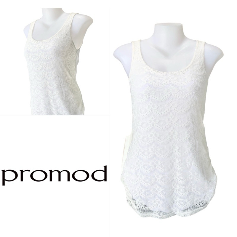 Promod เสื้อยืดเเขนกุด สีขาว ผ้าลายลูกไม้ มีซิปหลัง SA42
