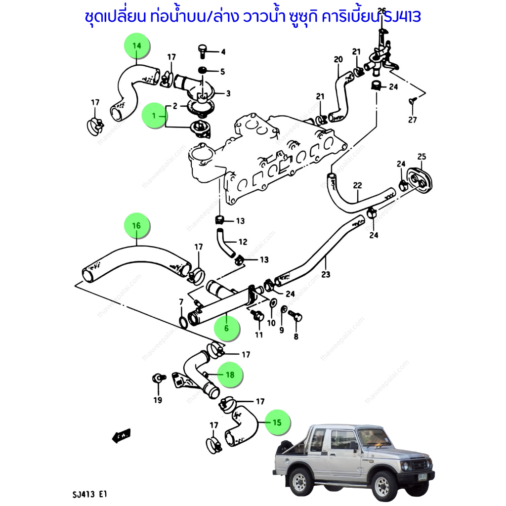 ชุดเปลี่ยน ท่อน้ำบน/ล่าง ท่อยางข้างเครื่อง วาวน้ำ แป๊บน้ำข้างเครื่อง ซูซุกิ คาริเบี้ยน SJ413 SUZUKI 