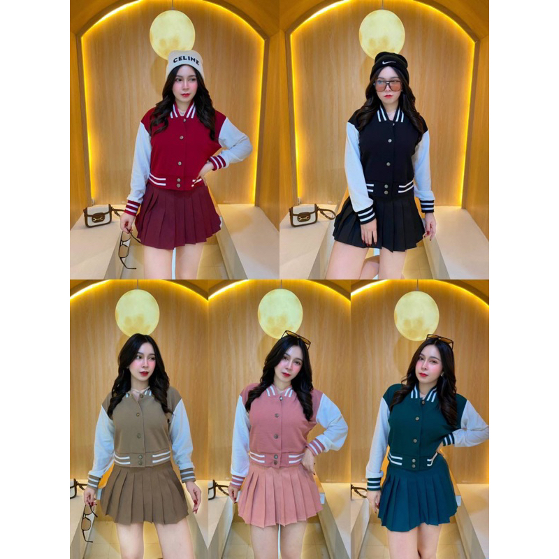 J7/ชุดเซตเสื้อเเจ็คเกตเเขนยาว(ผ้าวูลเวฟ)+กระโปรงจีบ(ผ้าซาร่า)น่ารักมาก