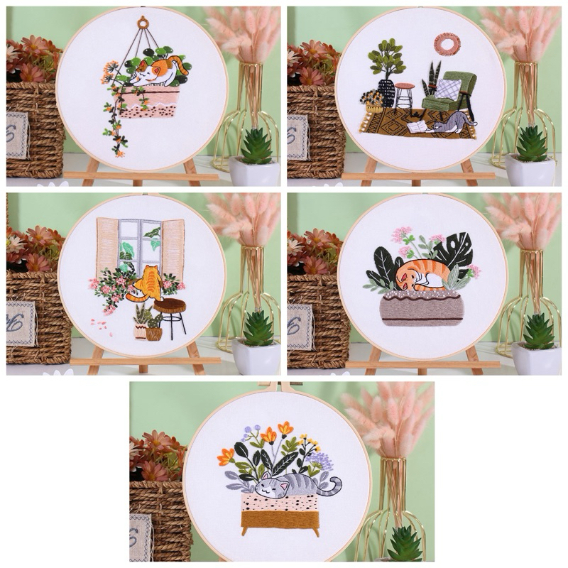 ❤️สอนฟรี ชุดปักผ้าลายแมว น่าปัก งานDIY Embroidery set คำแนะนำภาษาไทย แถมที่สนเข็มและสะดึง ส่งจาก กทม.