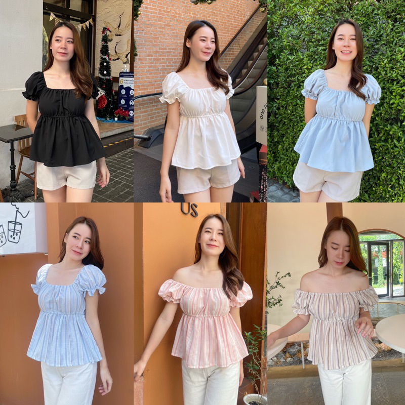 Teera พร้อมส่ง เสื้อลายสก๊อตแขนตุ๊กตาเนื้อผ้าลินินลายริ้ว น่ารักมากกก nanny