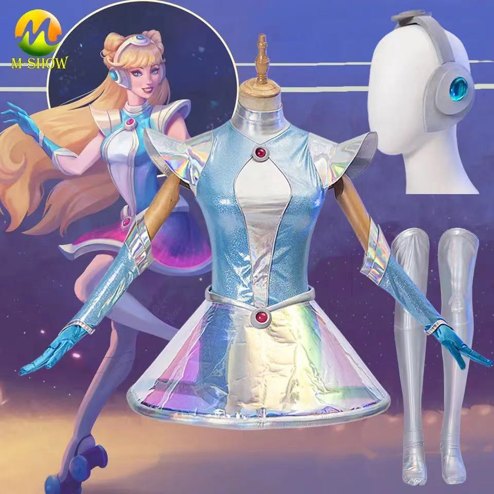 Lax อวกาศจังหวะคอสสวม LOL ลีกฮีโร่ชุดเกมคอสเพลย์วิกผมหูฟังสุภาพสตรี