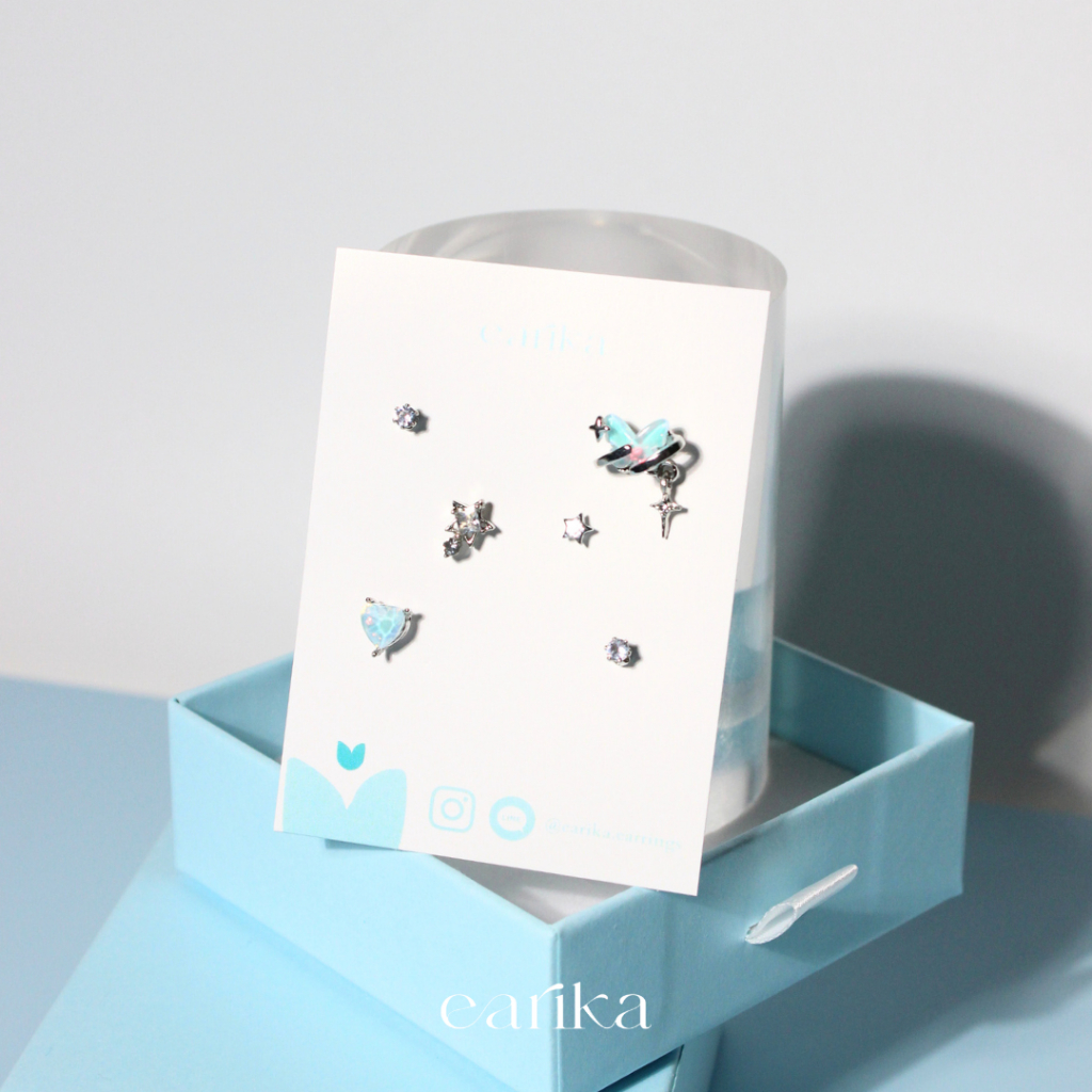 earika.earrings - shiny celeste stellar nebula  เซ็ตต่างหูธีมดวงดาวสีฟ้า ก้านเงินแท้ เหมาะสำหรับคนแพ
