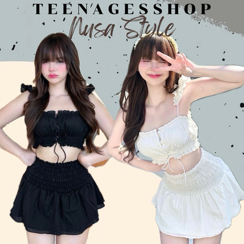 ชุดเซ็ท 2 ชิ้น Nusa Style🏷️ เสื้อสายเดี่ยว + กระโปรงสั้น ผ้าคอตตอนลินิน แต่งกระดุมผูกโบว์ด้านหน้า