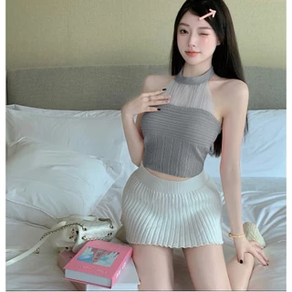 PX เสื้อไหมพรมลุคคุณหนู เกาะอก คล้องคอ แต่ผ้าชีฟอง ติดกระดุม เสื้อไหมพรมผู้หญิง สายหวาน เซ็กซี่เบา ๆ สีพื้น สีชมพู สีเทา