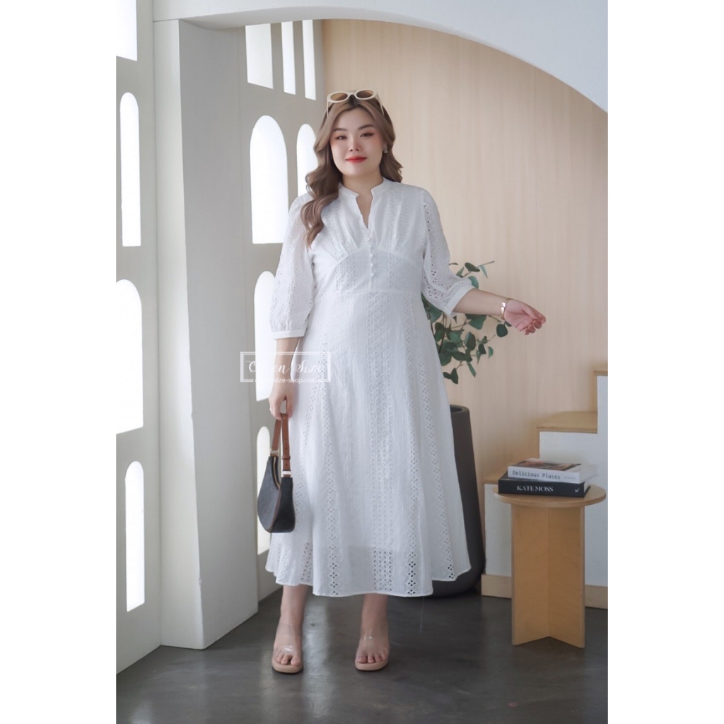 Patcha-สีขาว เดรสไซส์ใหญ่อก42 44 46 48 และ 50 นิ้ว ชุดคนอ้วนสีขาวใส่ไปวัดทำบุญ งานบวช == ดูไซส์ในรายละเอียดสินค้า==
