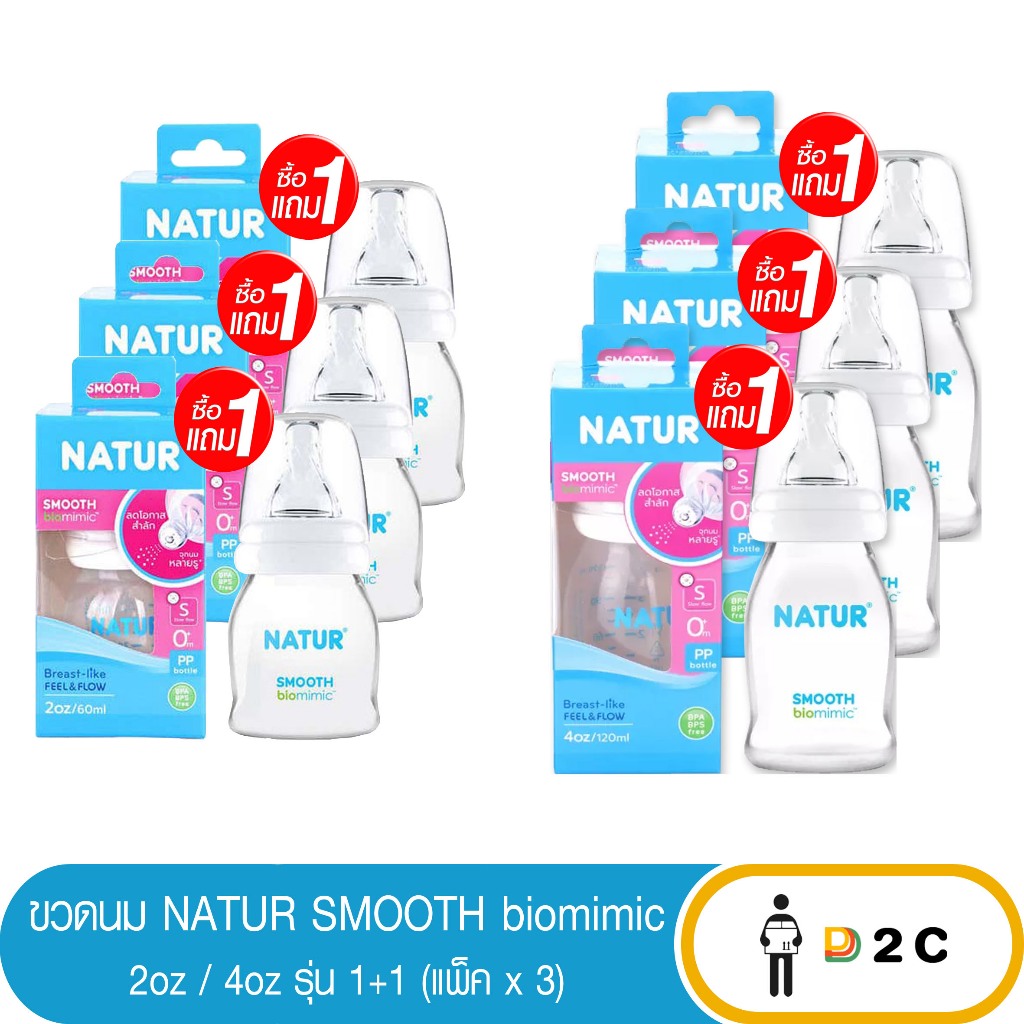[แพ็คx3] Natur เนเจอร์ ขวดนม คอแคบ สมูทไบโอมิมิค 4oz. ขวดใส รุ่น 1+1 Smooth