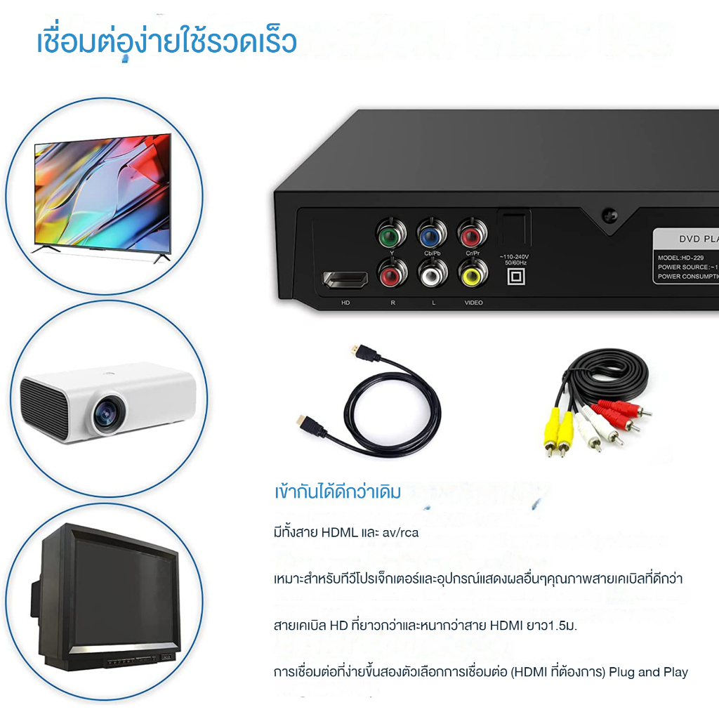 เครื่องเล่น DVD ต่อทีวี VCD / CD / USB 5.1 พร้อมสาย HDMI และขั้วต่อไมโครโฟน แผ่น dvd เครื่องเล่นซีดี วิดีโอ