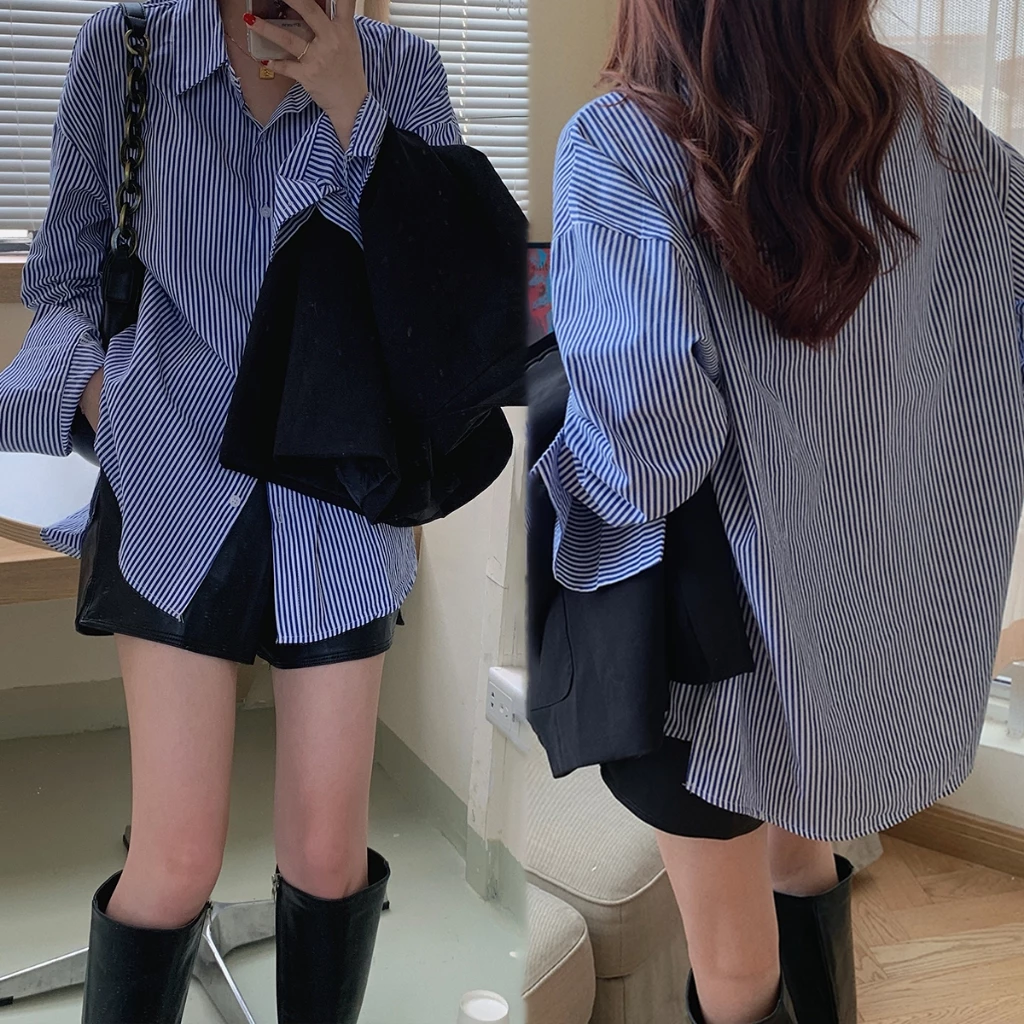 mimi&didi เสื้อเชิ้ตแขนยาว เสื้อแฟชั่นผู้หญิง ลายทาง คอวีสุดชิค สไตล์เกาหลีสุดๆ สำหรับผู้หญิง#W261