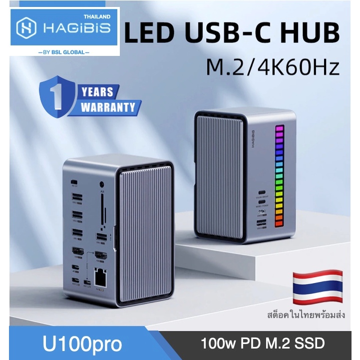ออกใบกำกับภาษีได้ Hagibis U100pro USB C Docking Station Dual Monitor, LED Light USB-C Hub Type-C Ada