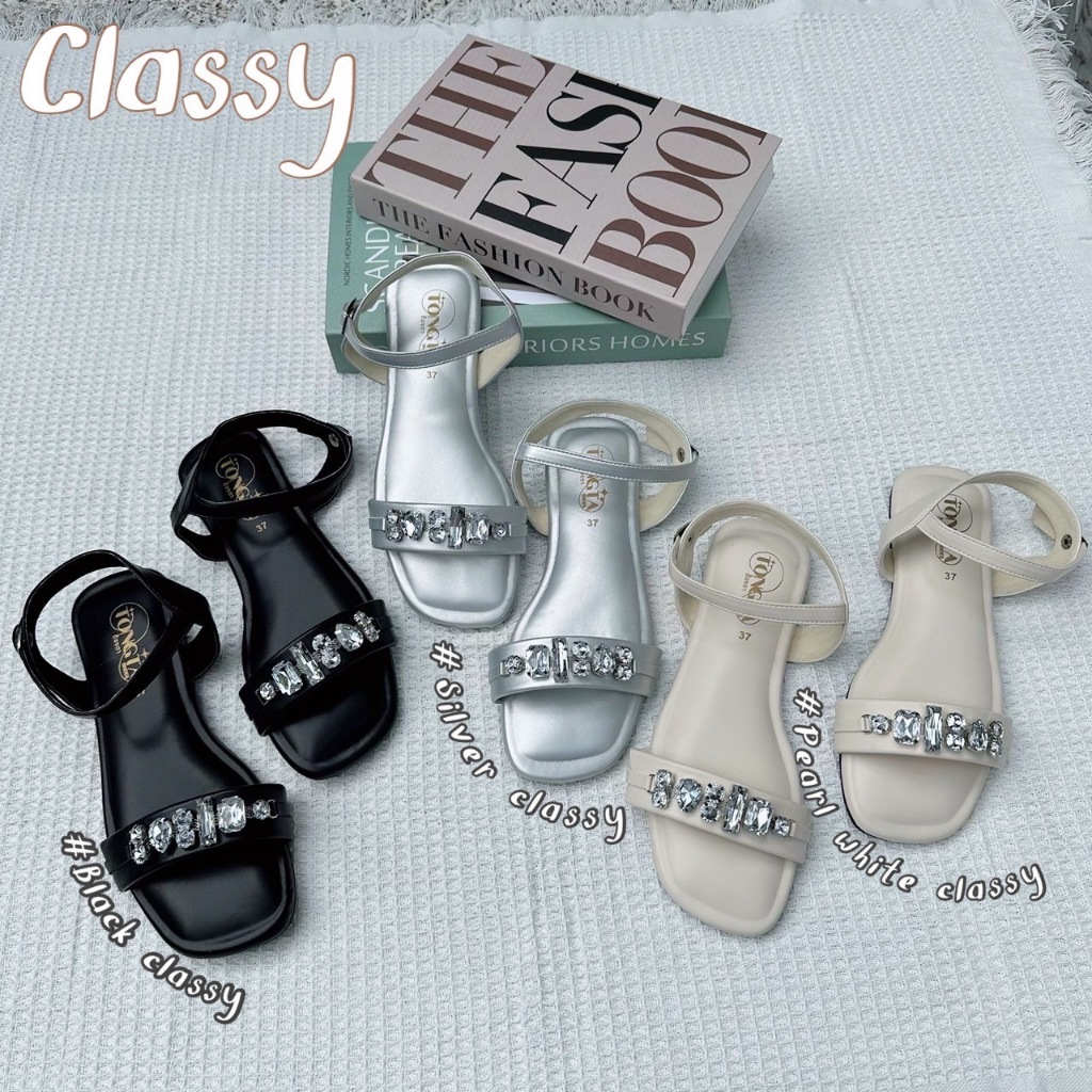 รองเท้ารัดส้น อะไหล่เพชร พื้นนิ่มไม่กัดเท้า (รุ่น Classy) ***เท้าอวบบวกไซส์***