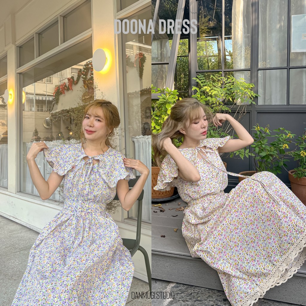 Doona dress (ดูนาเดรส) เดรสไปคาเฟ่น่ารักสไตล์เกาหลี ลายดอกไม้ ใส่คุมท้อง ใส่เที่ยว