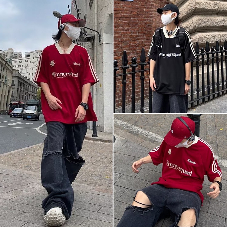 เสื้อกีฬาแขนสั้น สีคอนทราสต์ สไตล์เรโทร สําหรับผู้ชาย เหมาะสําหรับผู้ชายและผู้หญิง