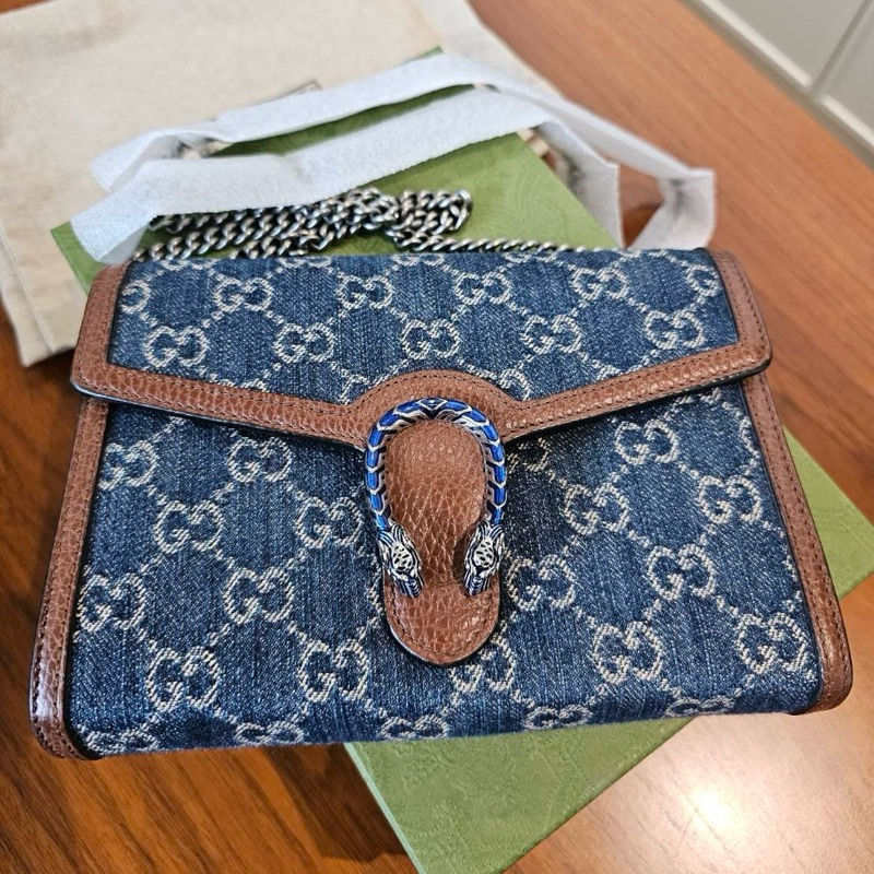 [ของแท้💯] Gucci Dionysus GG denim wallet on chain