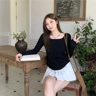 PX เสื้อแขนยาวผู้หญิง เสื้อลำลองคอกว้าง คอเหลี่ยมโค้งมน แหวกเอวสูง เสื้อผู้หญิงสีพื้นแขนยาว พรางหุ่น แมทช์ง่าย