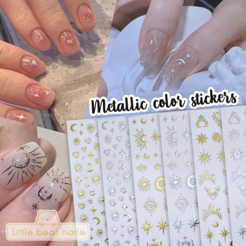 สติ๊กเกอร์ตกแต่งเล็บ สติ๊กเกอร์ สีเมทาลิค สีเงิน สีทอง Metallic color stickers รูปดาว พระจันทร์ หัวใจ