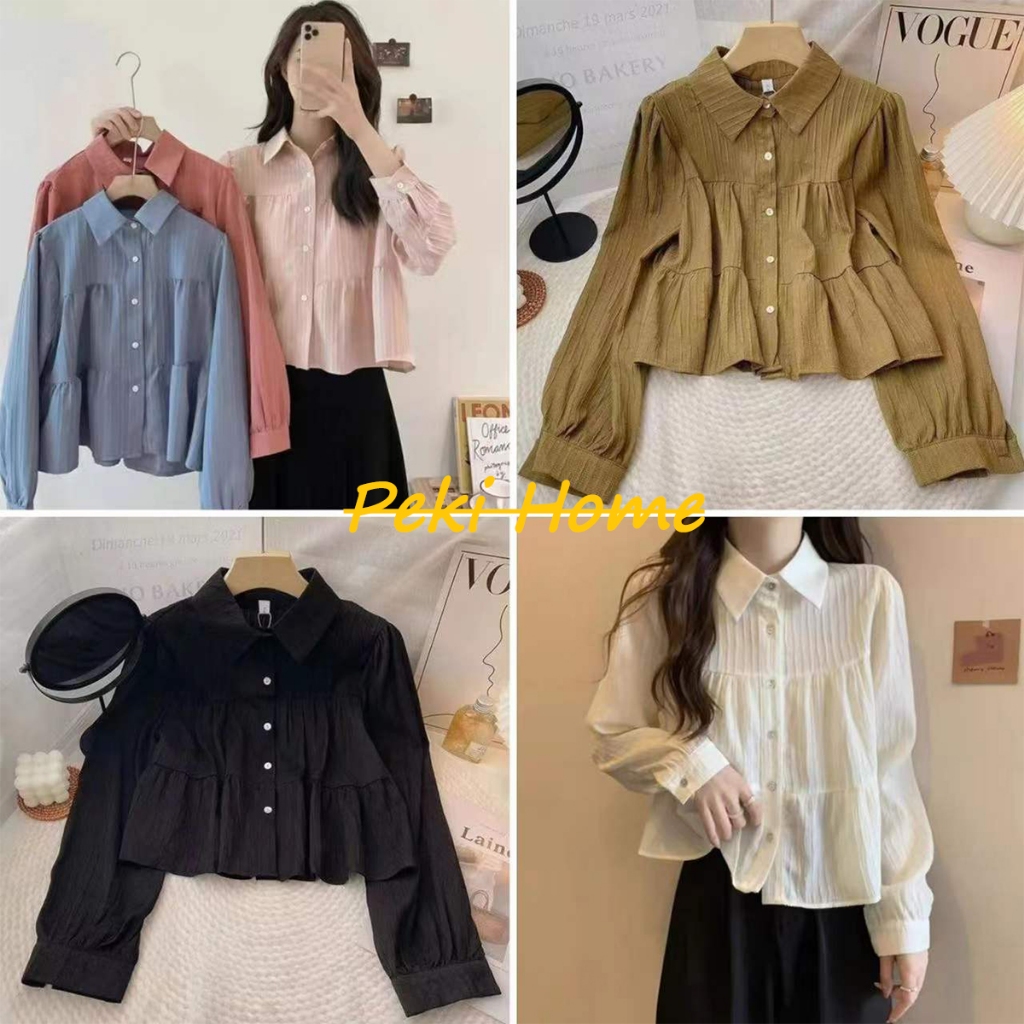 เสื้อแขนยาวคอปก เเต่งริ้ว กระดุมหน้า น่ารักเก๋ๆ