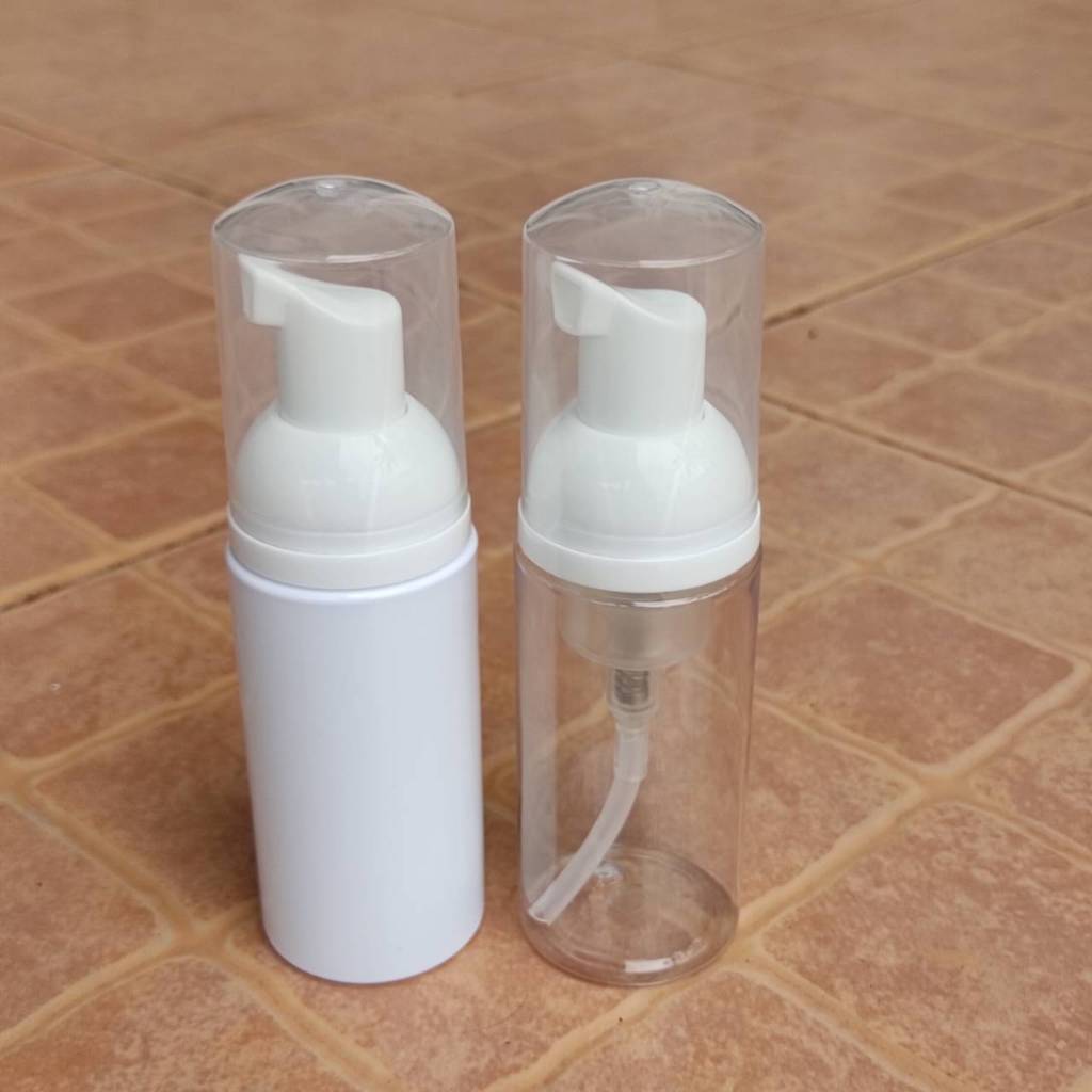 [1 ใบ / พกพา] ขวดปั๊มฟองโฟม 40/50/60 ml ขวดปั๊มโฟมมูส ขวด PET กลมขาวทึบ +ฝาครอบใส  ใส่โฟมล้างหน้า โฟมล้างมือ