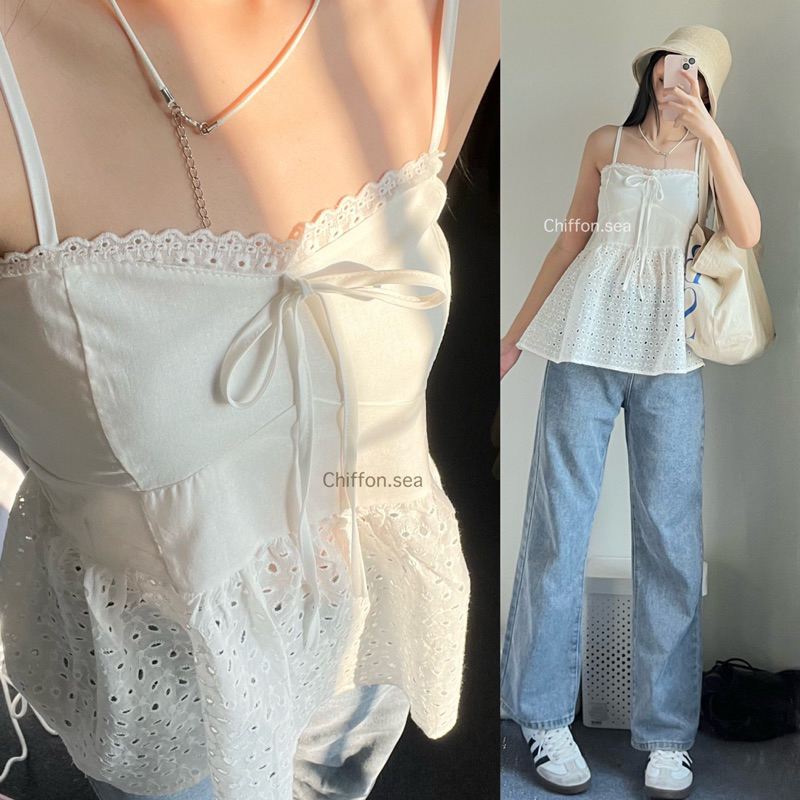 Rinda top | เสื้อสายเดี่ยว ดีเทลผ้าลูกไม้สวยมาก แมทช์ง่าย มีซับในที่อก สายมีตะขอปรับได้