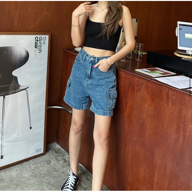 พร้อมส่ง taryn.bkk - cargo shorts กางเกงยีนส์ขาสั้น คาโก้เอวสูงทรงสวย