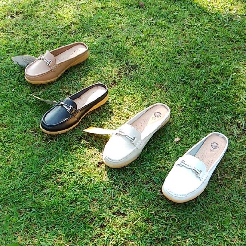 Sportshoes2020 รองเท้าหนังนิ่มสไตล์เปิดส้นคาดโลหะสีเงินดูเรียบหรู#36-41size#