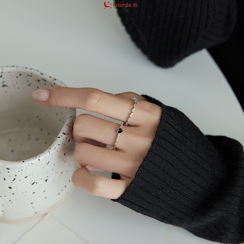 COD-ในไทย💖แหวนลายหัวใจสีเงินสีดำพลอยinsเรียบง่ายย้อนยุคสไตล์เกาหลีเครื่องประดับแฟชั่นสำหรับผู้หญิง2ชิ้น/เซต-Krismile