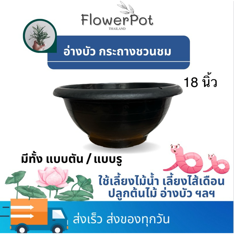 ขนาด 18 นิ้ว กระถางชวนชม(เจาะรู) / อ่างบัว(ทึบ) สีดำ พลาสติก