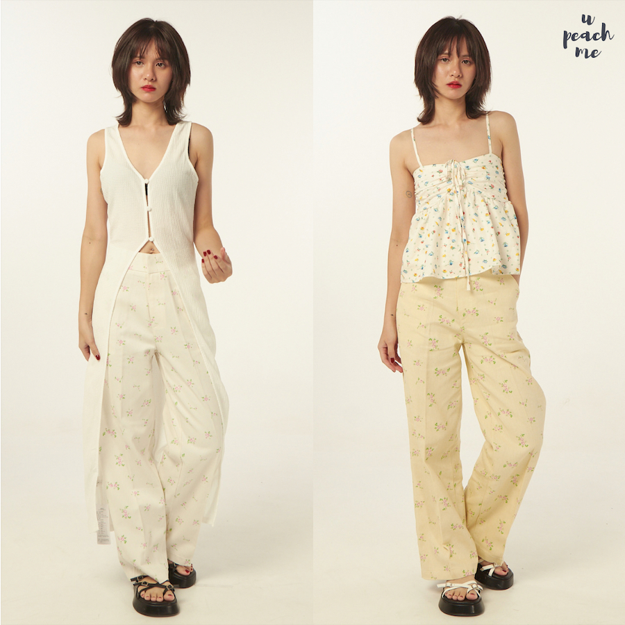 upeachme(C10.4,C10.5) FLORAL TROUSERS กางเกงขายาวพิมพ์ลายดอกไม้ น่ารัก*ล้านแง้ ผ้าใส่สบายขาทรงกระบอกเท่ๆหวานๆ