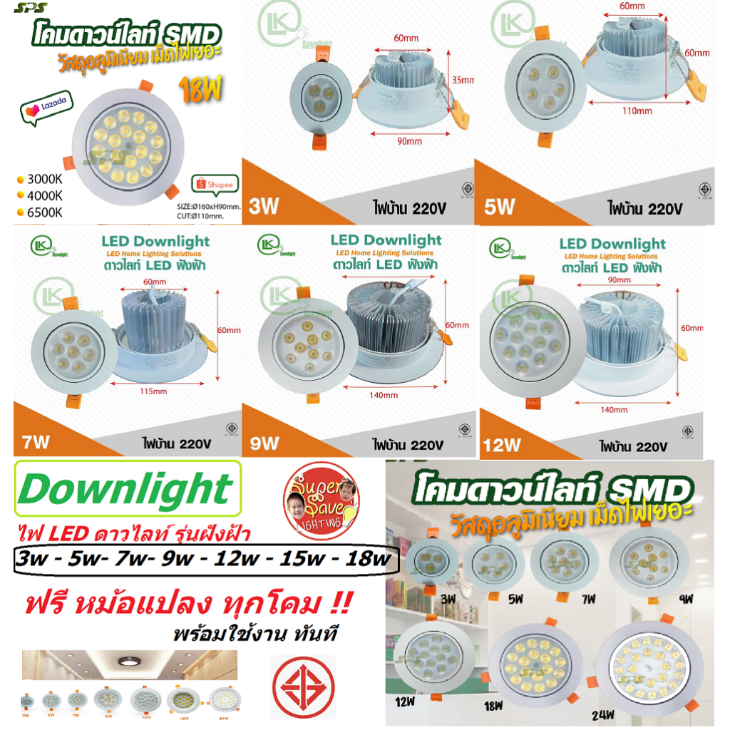 โคมดาวไลท์ฝังฝ้า Downlight LED (สินค้ามีมาตรฐาน มอก) ปรับองศาได้หมุ่นได้ 3w-5w-7w-9w-12wโครงสร้างอลูมิเนี่ยมพร้อมหม้อแปล