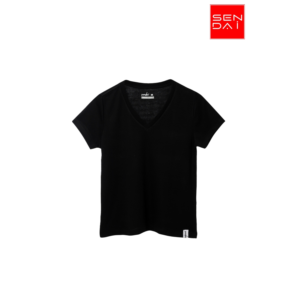 "SENDAI" เสื้อยืดผู้หญิงคอวี สีดำ