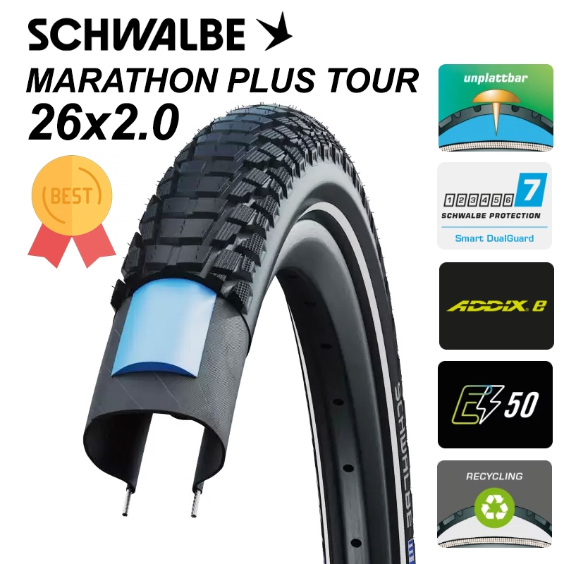 NEW! รุ่นใหม่ Schwalbe Marathon Plus  Tour 26x2.0 ยางนอกจักรยานทัวร์ริ่งรุ่นท้อป ยอดนิยม ป้องกันและความทนทานโคตรๆระดับ 7