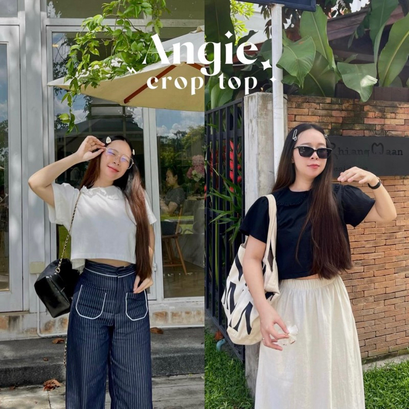 Angie crop top เสื้อครอปตัวสั้นปกคอบัวแต่งระบาย ผ้าฝ้ายผสมลินิน
