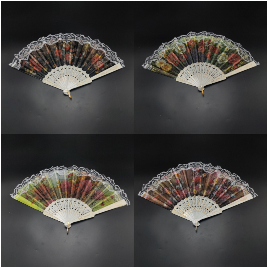 พัดจีน พัดผ้า  พัดลมแบบสไตล์จีนแฟนลูกไม้ สีขาว