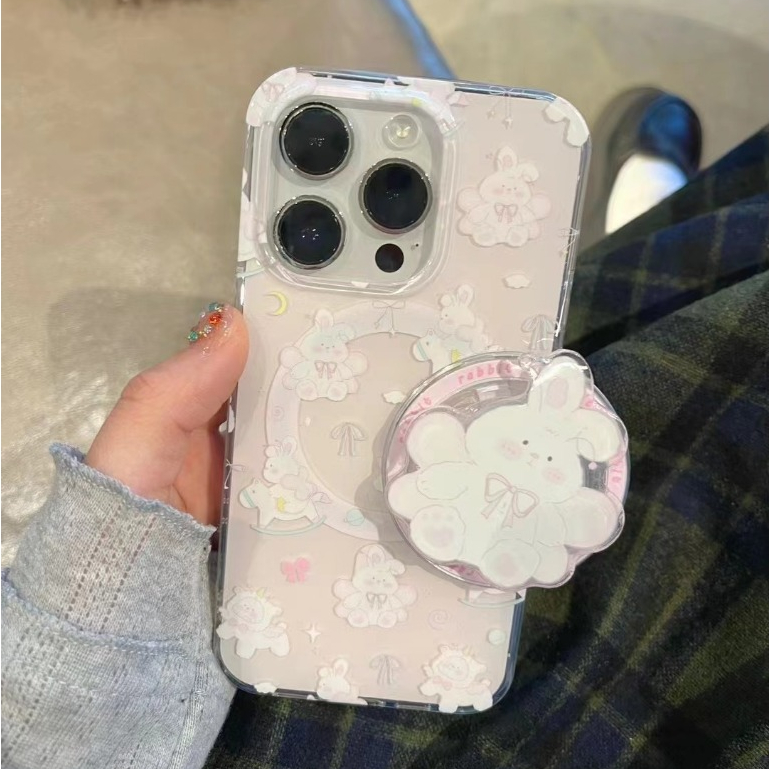 จัดส่งภายใน24ชม แรงแม่เหล็ก การ์ตูน กระต่าย iphone 15 11 14 pro max เคสใส น่ารัก สีชมพู หวานสวย case for iPhone 12 13