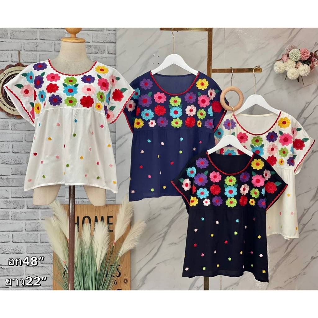 ช329///เสื้อคอกลมแขนสั้นปักดอกสดผ้าสปัน ฟรีไซ38-48นิ้ว ยาว22นิ้ว หน้าผ้า48นิ้ว ราคา199บาท