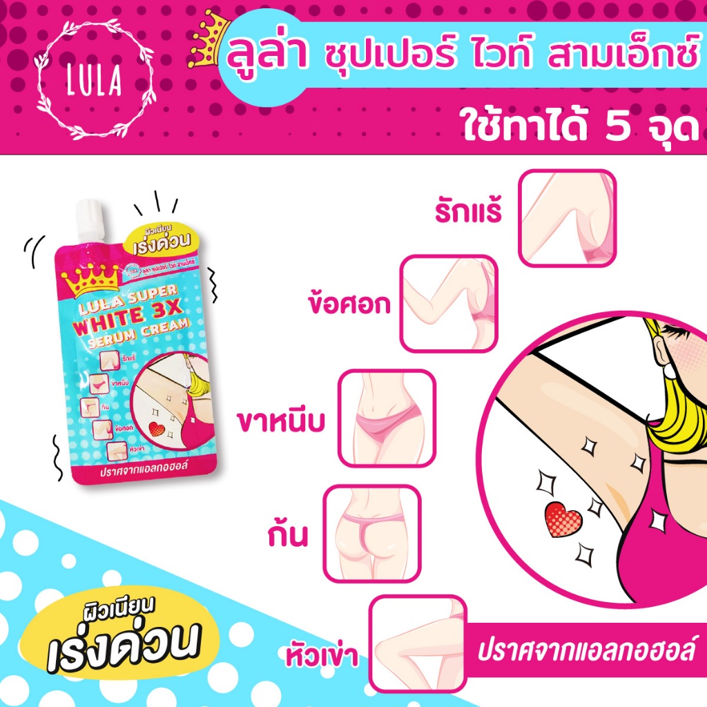 lula super white3x serum cream ลูล่า ครีมทารักแร้ขาว ก้น ขาหนีบ ข้อศอก หัวเข่า ให้ขาวเนียน เนื้อครีมไม่มีกลิ่น ปราศจากแอ