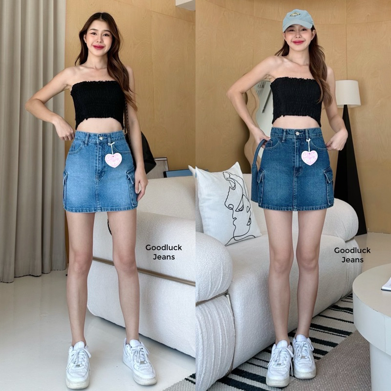 ป้ายGood girl🇰🇷 Mini Cargo Skirt กระโปรงยีนส์สั้น กระโปรงยีนส์คาร์โก้ ผ้าไม่ยืด