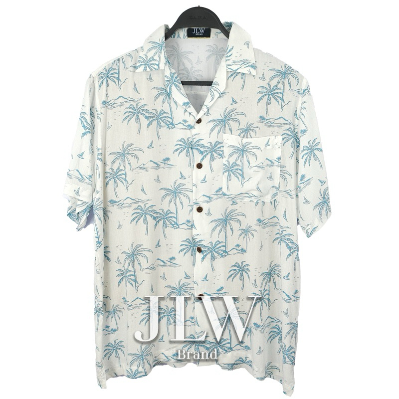 เสื้อฮาวาย ลายทะเลเรือใบน้อย ขาวฟ้า ผ้านิ่มใส่สบาย JLW BRAND ผ้าเรย่อน