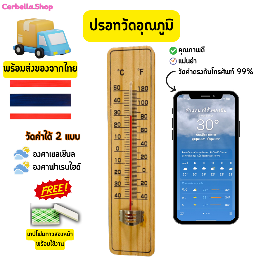 เทอร์โมมิเตอร์ ที่วัดอุณหภูมิ เทอร์โมมิเตอร์ไม้ Thermometer ปรอทวัดอุณหภูมิห้อง