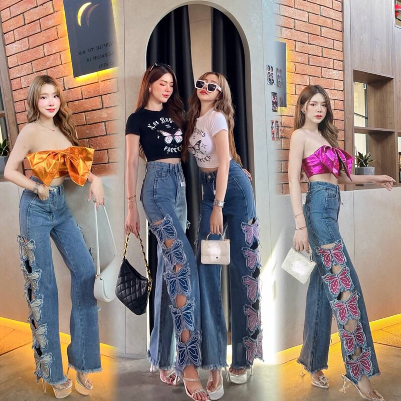 กางเกง เอวสูงฟอกสีเข้มๆ ดีเทล แต่งผีเสื้อ งานปักผีเสื้อไหมแน่นๆ